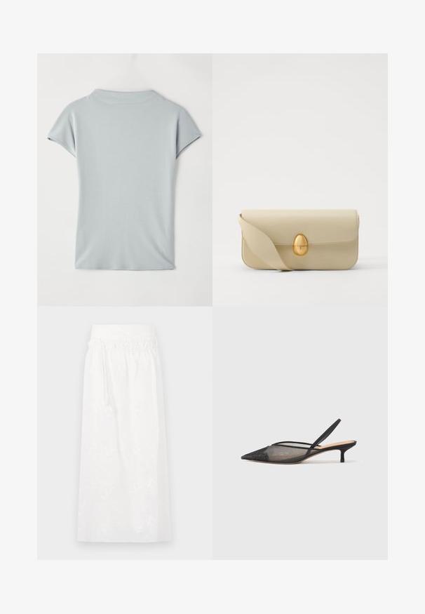 Blusa de manga curta azul claro, feita de tecido suave, com um decote redondo e drapeado subtil para um caimento descontraído. Sem padrões ou detalhes.; Saia maxi branca com cintura elástica, bordados florais discretos e um design fluido. Feita de tecido leve.; NEOUS IRENA - Saltos clássicos - black; Bolsa de mão em pele bege com uma textura lisa, forma retangular e um fecho oval dourado. Possui uma alça longa e ajustável.