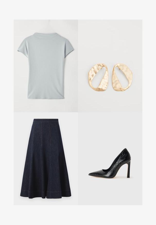 Šviesiai mėlynas trumpų rankovių palaidinė, pagaminta iš minkštos medžiagos, su apvaliu kaklu ir subtiliu drapavimu, užtikrinančiu laisvą prigludimą. Be raštų ar dekoracijų.; Tamsiai mėlyna džinsinė sijonas su platėjančia siluetu, turintis vertikalių siūlių detalių ir kontrastingų oranžinių siūlų palei apatinį kraštą.; Juoda smailiakulnė aukšto kulno bateliai su krokodilo odos tekstūra, pasižymintys elegantišku dizainu, aukštu stiletu kulnu ir lygia juoda vidine dalimi.; Nedidelis nereguliarus ovalo formos aukso tono metalinių auskarų pora su tekstūruota, šiek tiek kalta paviršiumi ant balto fono.