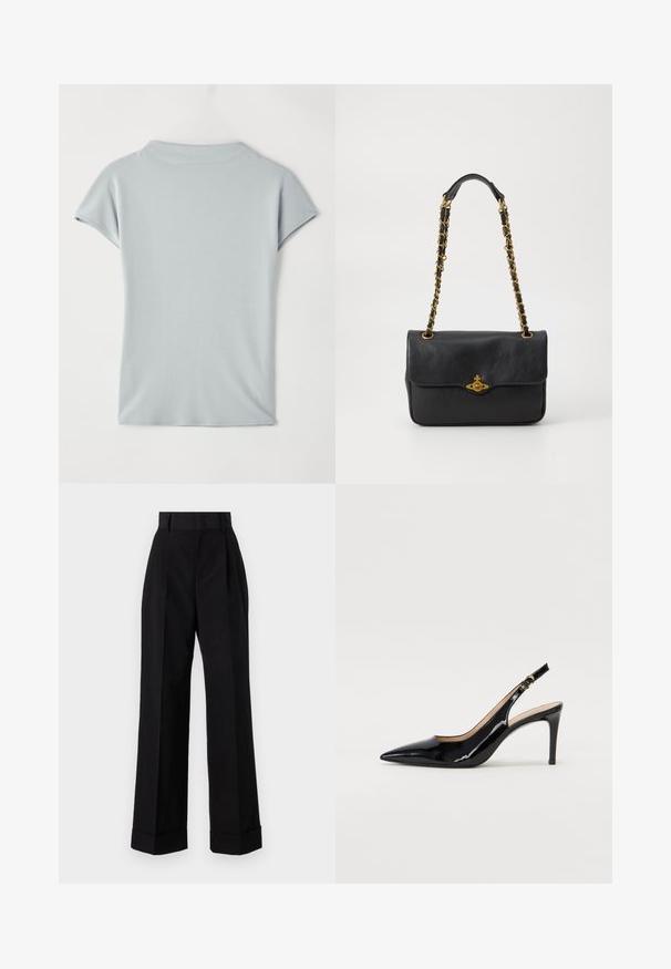 Világoskék, rövid ujjú felső, puha anyagból készült, kerek nyakkivágással és enyhe redőzéssel a laza illeszkedés érdekében. Minták vagy díszítések nélkül.; Magas derekú fekete pamut nadrág. Széles lábú fazon, redők és felgöngyölített szárak jellemzik. Simább textúra, nincsenek látható minták vagy fémtárgyak.; Fekete lakk bőr kötött magassarkú cipő, hegyes orral és karcsú sarokkal, finom kivágásos dizájnnal. Az övön arany csatt található.; Fekete bőrtáska hajtókával, arany tónusú lánc pánttal és logóval ellátott részlettel elöl. Simább textúra.