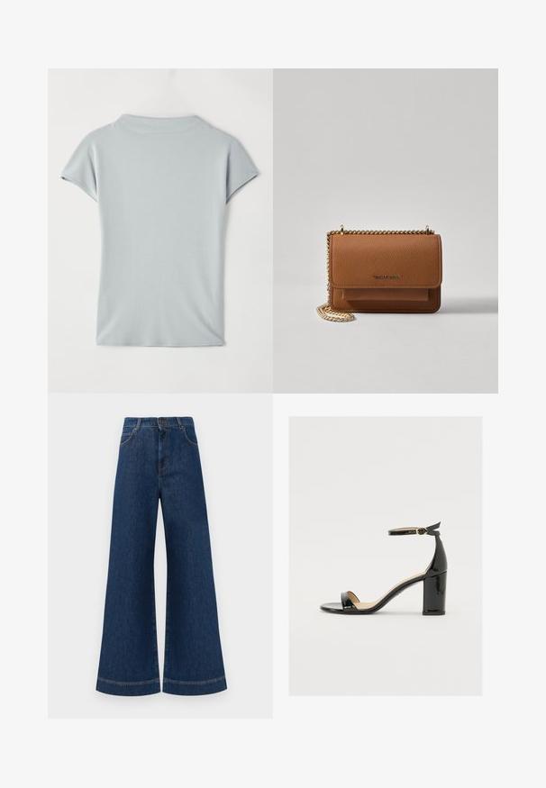 Blusa de manga curta azul claro, feita de tecido suave, com um decote redondo e drapeado subtil para um caimento descontraído. Sem padrões ou detalhes.; Jeans azul de perna larga com cintura alta, apresentando um fecho de botão, passantes para cinto e detalhes de costura discretos ao longo dos bolsos e das bainhas.; Sandal de pele sintética preta com salto largo, ponta aberta e tira no tornozelo com fivela dourada. Textura suave e design elegante.; Bolsa crossbody de couro texturizado castanho com alça de corrente dourada e fecho com aba. A parte da frente apresenta detalhe do logótipo e um bolso sob a aba.