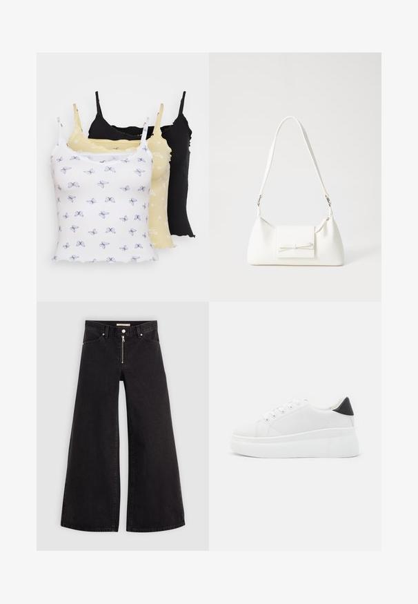 Tris maikės: balta su drugelių raštu, šviesiai geltona su gėlių motyvu ir vientisa juoda. Visos turi plonas petnešėles ir raukšlėtą tekstūrą.; Plačios kojų džinsai iš juodo džinsinio audinio su užtrauktuku priekyje, penkių kišenių dizainu ir subtiliais siuvinėjimo akcentais. Lygus paviršius ir laisvalaikio stilius.; Balti platforminiai sportbačiai, pagaminti iš lygios sintetinio audinio, su apvaliu pirštu, raištelių užsegimu ir tekstūruota guma padanga. Juodas kulno akcentas.; Balta sintetinė rankinė trikampio formos, plokščiu priekiu su užsegimu, kaspino detale, reguliuojama dirželiu, lygia tekstūra ir minimalistišku dizainu.