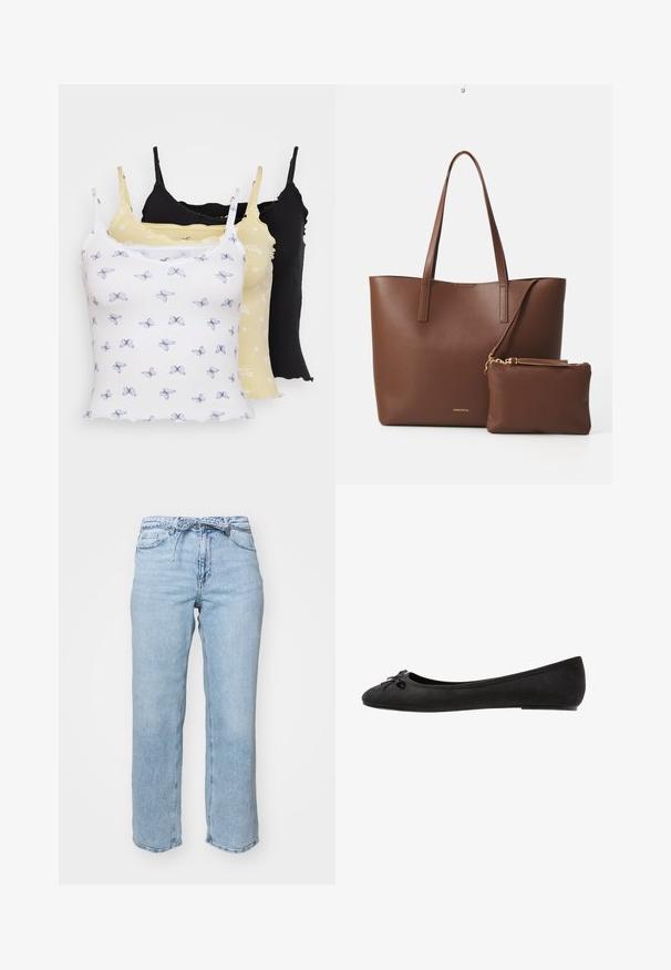 Três camisolas: uma branca com estampado de borboletas, uma amarela clara com padrão floral e uma preta sólida. Todas têm alças finas e uma textura canelada.; Calças de ganga azul-claro com um corte relaxado de perna reta, cinco bolsos e uma cintura com passagens para cinto. Acabamento desgastado com desbotamento sutil.; Sabrinas pretas em camurça, com bico arredondado, apresentando um laço decorativo à frente e um design de sola plana. Textura suave e forma clássica.; Bolsa tote de imitação de couro castanho com duas alças longas e uma pequena bolsa correspondente. A superfície apresenta um padrão texturizado e detalhes em metal dourado.