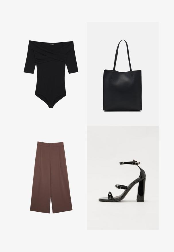 Sort bodysuit med off-the-shoulder halsudskæring, 3/4-ærmer og tætsiddende design. Lavet af blødt, glat stof med minimale sømme.; Brune bredbunde bukser med en glat tekstur, der har høj talje og plisseringer foran. Stoffet er let og falder løst.; Sorte patenterede hælsandaler med firkantet tå, ankelremme og sølvspænder. Har en chunky blokHæl for stabilitet.; Sort læder tote taske med glat tekstur, rektangulær form og to lange hanke. Ingen synlig hardware eller udsmykninger.