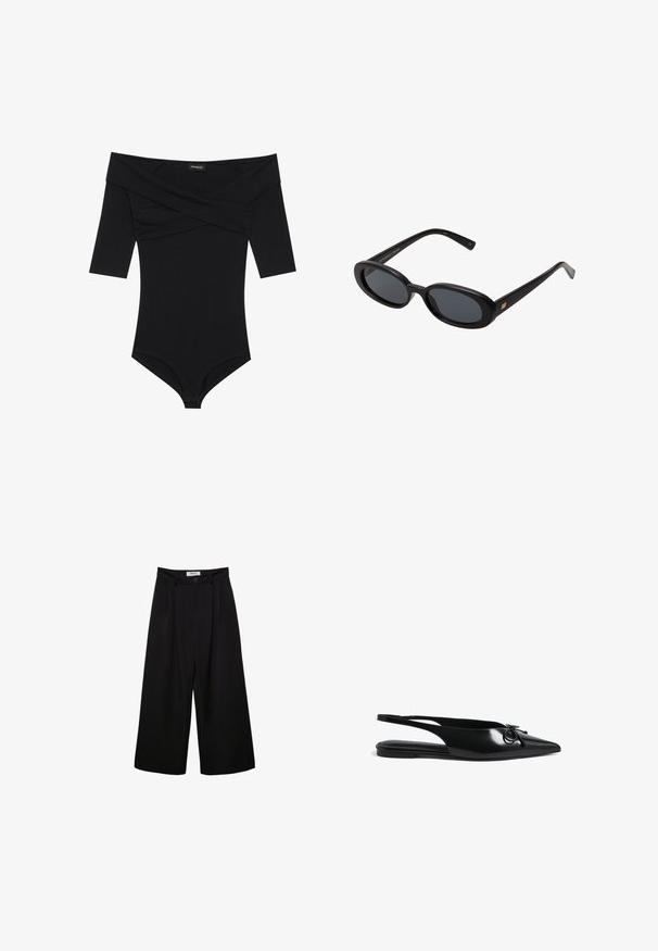 Sort bodysuit med off-the-shoulder halsudskæring, 3/4-ærmer og tætsiddende design. Lavet af blødt, glat stof med minimale sømme.; Sorte brede bukser med høj talje, plisseret front og knaplukning. Lavet af glat stof med en skræddersyet design.; Sorte patenterede slingback flade sko med spids tå, cirkulært accentdetail og slanke remme for en sikker pasform. Glat blank finish.; Store store