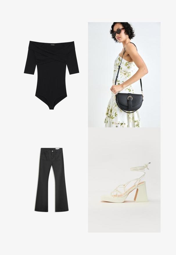 Mustassa catsuitissa on olkaimeton kaula-aukko, 3/4-hihat ja vartalonmyötäinen muotoilu. Se on valmistettu pehmeästä, sileästä kankaasta, jossa on minimaalinen saumoja.; Mustat leveälahkeiset farkut, jotka on valmistettu sileästä denimmateriaalista. Farkuissa on kaksi takataskua ja nappikiinnitys vyötäröllä.; Valkoinen korkokenkä, jossa on paksu korko, ja joka sisältää nauhakiinnityksen ja nilkkaketjun. Sujuva pinta, jossa on platform-etupohja lisäkorkeutta varten.; Musta nahkainen käsilaukku, joka on kaareva muotoilultaan, irrotettavalla hihnalla ja kultaisilla yksityiskohdilla. Laukussa on läppä, jossa on solk yksityiskohta.