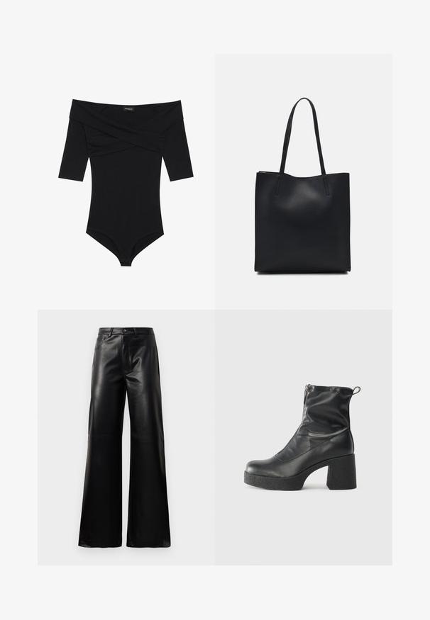 Fekete body, váll nélküli nyakkivágással, 3/4-es ujjakkal és alakkiemelő kialakítással. Puha, sima anyagból készült, minimális varrásokkal.; Fekete, magas derekú, széles lábú, műbőr nadrág elülső gombbal, cipzárral, övbújtatókkal és oldalsó zsebekkel, fehér háttérrel.; Fekete bokacsizmák sima bőrből, oldalsó cipzárral, vastag, texturált sarkú és lekerekített orrú dizájnnal.; Fekete bőrtáska sima felszínnel, téglalap alakú, két hosszú füllel. Nincs látható fémkiegészítő vagy díszítés.