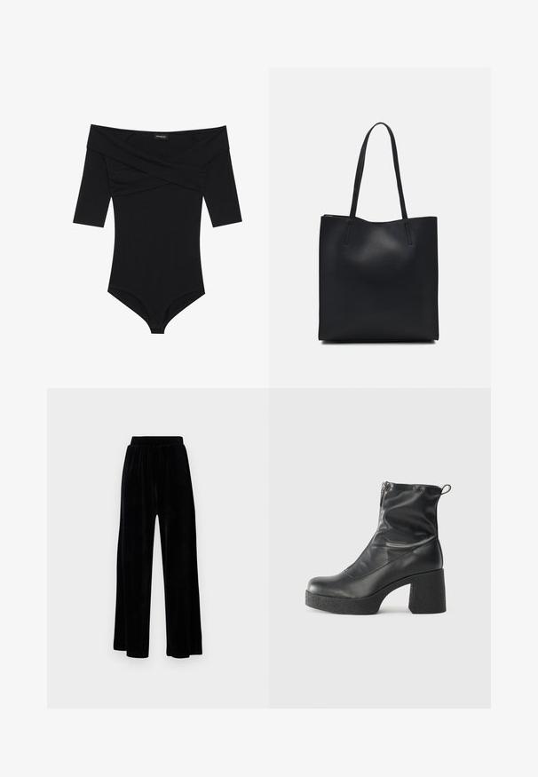 Črni bodi z off-the-shoulder izrezom, 3/4 rokavi in oprijetim krojem. Narejen iz mehke, gladke tkanine z minimalnimi šivi.; Črne široke hlače iz mehkega žameta, z elastičnim pasom in gladko teksturo, brez vidnih detajlov ali vzorcev.; Črne gležnjarje iz gladke kože z božnim zadrgo, masivnim teksturiranim peto in zaobljeno obliko prstov.; Črna usnjena torba s svilnato teksturo, pravokotne oblike in dvema dolgima ročajema. Brez vidnih metalnih delov ali okrasnih elementov.