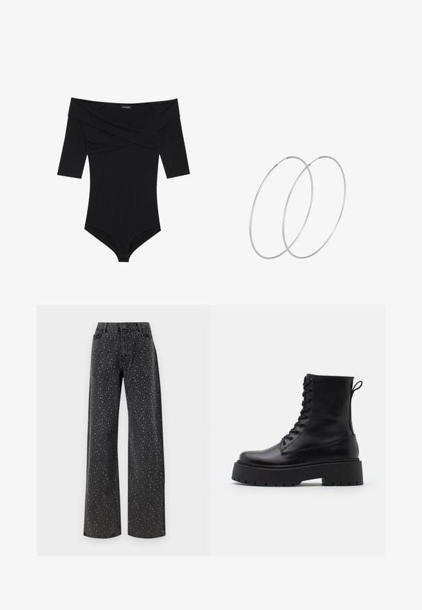 Melna bodijsakne ar atsegto plecu apakšmalu, 3/4 garuma piedurknēm un pieguļošu dizainu. Izgatavota no mīksta, gluda auduma ar minimālām vīlēm.; Noisy May NMJANNEL LOOSE - Brīva piegriezuma džinsi - black denim; Melni ādas potītēm zābaki ar apļveida purngalu, auklām priekšpusē un biezu gumijas zoli ar teksturētu protektoru. Velkšanas cilpa aizmugurē.; Sudraba gredzenveida auskari ar minimālistisku dizainu. Cirkulāra forma, gluda tekstūra un plāns profils. Vieglu svaru ar spīdīgu apdari.