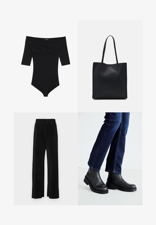 Zwarte body met een off-the-shoulder halslijn, 3/4 mouwen en een aansluitend ontwerp. Gemaakt van zachte, gladde stof met minimale naden.; Zwarte geplooide broek met een elastische tailleband. Beschikt over wijde pijpen en een glad, gestructureerd stof met verticale strepen.; Zwarte leren enkelboots met een dikke zool en zij-elastische panelen, gecombineerd met donkerblauwe jeans. De grond is lichtgekleurd.; Zwarte leren handtas met een gladde textuur, rechthoekige vorm en twee lange handvaten. Geen zichtbare hardware of versieringen.