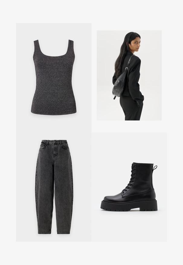 ONLY ONLLONE PARTY TWO WAY - Débardeur - black; Jeans en denim noir taille haute avec une coupe décontractée, présentant un design classique à cinq poches et une fermeture à bouton. Tissu texturé, non extensible.; Bottines en cuir noir avec un bout rond, un laçage à l'avant et une épaisse semelle en caoutchouc dotée d'un motif texturé. Tirer au dos.; Femme avec de longs cheveux foncés portant un costume noir, portant un sac à épaule en cuir noir, regardant par-dessus son épaule contre un fond blanc.