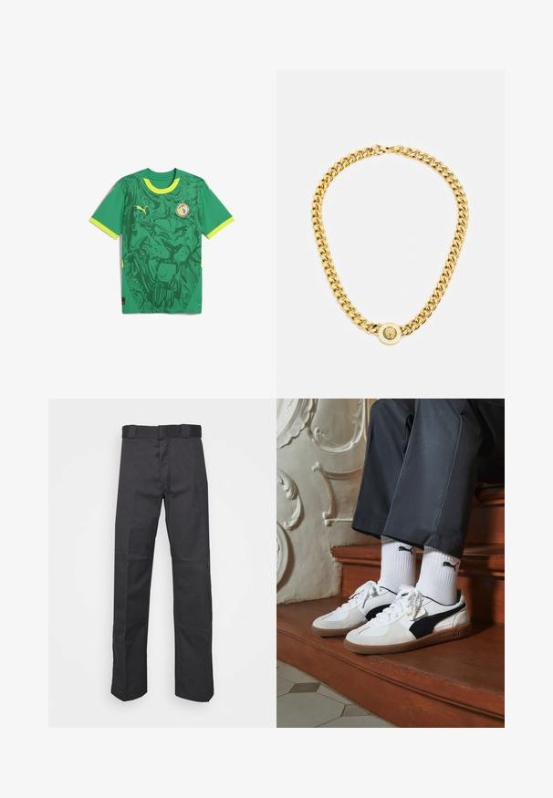 Zelen majica s kratkimi rokavi z grafiko leva v temno zeleni barvi. Okrašena z rumenimi detajli in logotipom na prsih.; Črne hlače iz trpežnega blaga, z ravnim krojem, pasom z zankami za pas in šivi za dodano teksturo.; Puma superge v beli in črni usnjeni izvedbi, sročene s rjavim gumijastim podplatom. Usklajene z belimi nogavicami z črnim logotipom, nosijo se s temnimi hlačami.; Zlata verižica z velikimi medsebojnimi povezavami, ki ima v središču krožni obesek z izbočenim grbom.