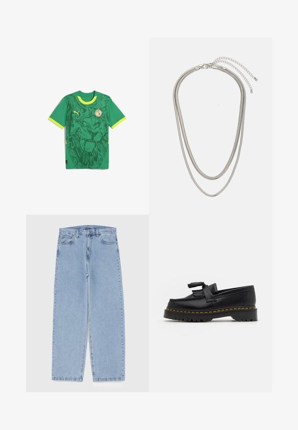 Zöld, rövid ujjú mez, sötétzöld oroszlán grafikai tervezéssel. Sárga díszítéssel és logóval a mellkasán.; Világoskék farmernadrág egyenes szárú kivitelben, közepes derékkal, öt zsebbel, gombos és cipzáros záródással.; Fekete bőr mokaszin, rojtos díszítéssel, masszív fekete talppal és sárga varrással az élén. Texturált felület.; Háromrétegű ezüstszínű fém nyaklánc, letisztult, rugalmas láncokkal, enyhe fényességgel, homárkapoccsal rögzítve és állítható lánccal.