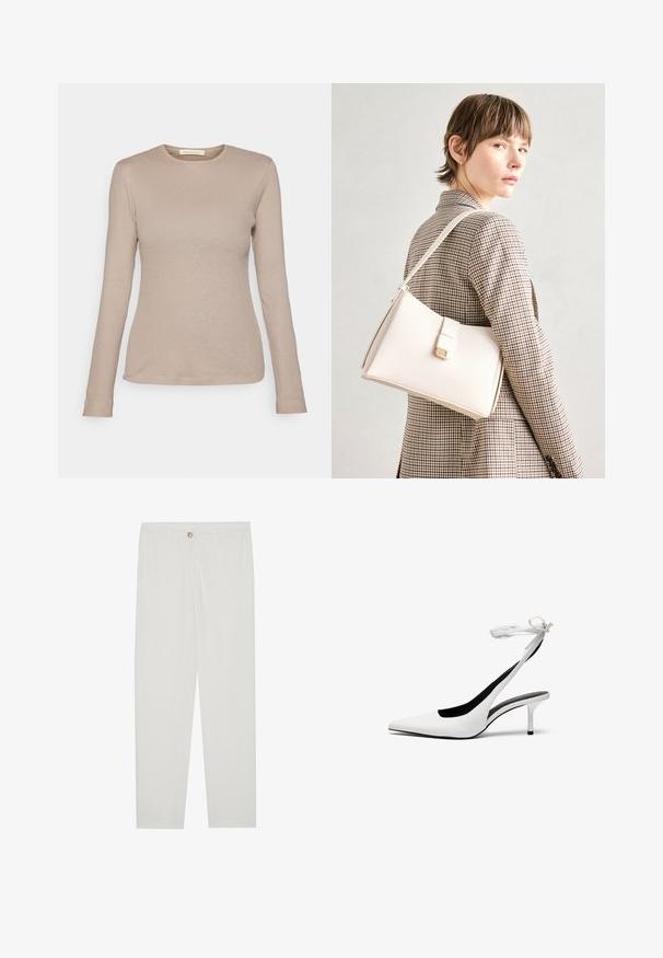 Beige langermet ribbet topp med rund hals og tettsittende design. Har en liten stofflapp ved kanten, laget av myk tekstil.; Hvite, skreddersydde bukser med rette ben, med knapplukking, beltehemper og sidelommer; glatt tekstur.; Hvite spisse slingback-hæler med tynn ankelrem. Glatt lærmateriale, tynn stiletthæl og svart innvendig foring.; Hvit lær veske med en strukturert design, med magnetlås og skulderstropp, vist mot en nøytral bakgrunn.