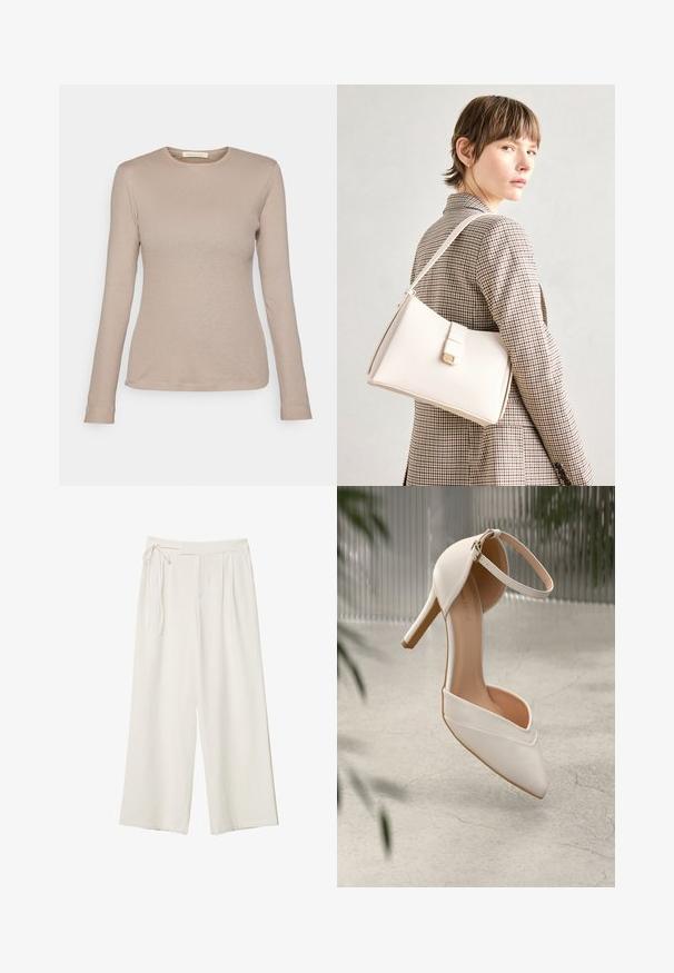 Beżowa, długorękawowa bluzka z prążkowanej tkaniny, z okrągłym dekoltem i dopasowanym krojem. Posiada małą metkę z materiału u dołu, wykonana z miękkiego materiału.; Spodnie o szerokich nogawkach w off-white z gładkiego materiału. Posiadają wiązany pas i plisowany przód, zaprojektowane z myślą o luźnym kroju.; Białe buty na wysokim obcasie z gładkiego materiału, z wypłaszczonym noskiem i paskiem na kostkę. Wnętrze w jasnym odcieniu brązu, z akcentami w kolorze złotym.; Biała skórzana torebka o strukturalnym wzorze, z magnetycznym zapięciem i paskiem na ramię, zaprezentowana na neutralnym tle.