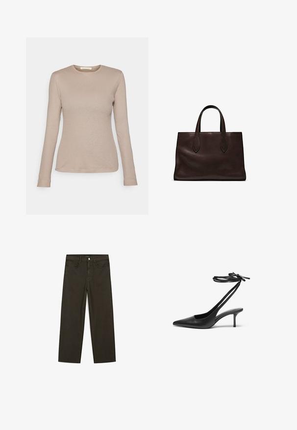 Beige Langarm-Rippoberteil mit Rundhalsausschnitt und figurbetontem Design. Verfügt über ein kleines Stoffetikett am Saum und besteht aus einem weichen Textil.; Dunkelgrüne Jeans im weit geschnittenen Style, hergestellt aus einem Baumwollgemisch. Sie verfügen über einen Frontknopfverschluss, fünf Taschen und klassische Denim-Nähte.; Schwarzer Leder-Stiletto mit spitzem Zehenbereich, offenem Fersenbereich und mit einer Schleife gebundenen Knöchelriemen. Schlanker 3-Zoll-Absatz. Glatte Textur, minimalistisches Design.; Braune Ledertasche mit zwei langen Griffen, strukturierte rechteckige Form, glatte Textur und dezente Nähdetails.