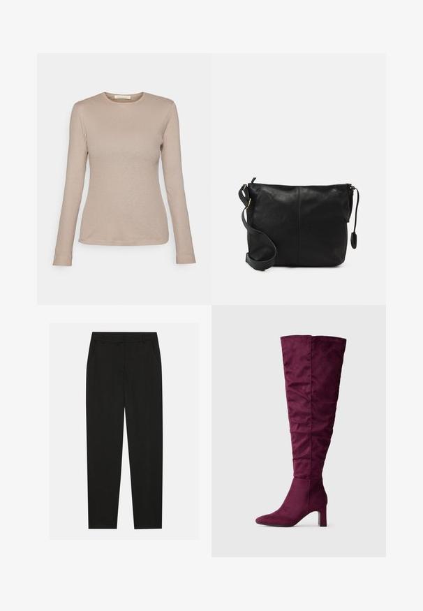 Top de manga longa ribada bege com decote redondo e design ajustado. Apresenta um pequeno rótulo de tecido na barra, feito de um têxtil macio.; Calças pretas com um design ajustado, apresentando bolsos laterais e pernas retas. Feitas de um tecido suave e leve com um acabamento elegante.; Botas de cor ameixa até ao joelho, feitas de um tecido macio, com um formato elegante e ajustado e um modesto salto quadrado. Textura suave com mínimos detalhes.; Mala de ombro em couro preto com forma plana, detalhes em metal dourado e alça ajustável. Textura suave com detalhes de costura mínimos.