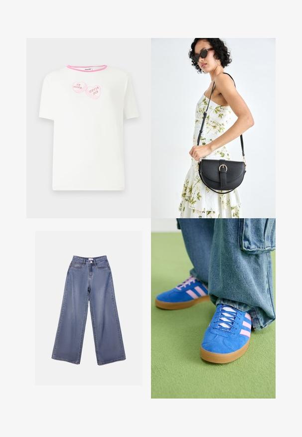 Balts īsām piedurknēm T-krekls ar rozā ribinātu apkakli, kurā ir divi rozā sirds formas grafiki ar tekstu "Esi mans" un "Pūciņ, tu".; Platas kājas denima bikses gaiši zils mazgājumā, ar augstu jostasvietu, priekšējām kabatām un pogu aizdari ar jostas cilpiņām.; Zilas zamšādas kurpes ar rozā svītrām un baltām šņorēm, aprīkotas ar gumijas zoli, kopā ar brīvām džinsu biksēm uz zaļas virsmas.; Melnas ādas rokassoma ar izliekta formu, noņemamu siksnu un zelta aksesuāriem. Somai ir vāciņš ar sprādzes detaļu.