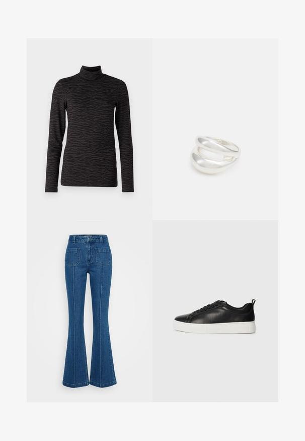 Black turtleneck long-sleeve top with a textured zebra stripe pattern. Soft fabric with a fitted silhouette and a high neck design.; Blue flared jeans made of denim, featuring a high waist, two back pockets, and pronounced stitching along the side seams.; Black low-top leather sneaker with black laces and white thick rubber sole, viewed from the outer side on a white background.; Silver double-band ring with a smooth, polished surface. Features a fluid, curved design with overlapping sections for a modern look.