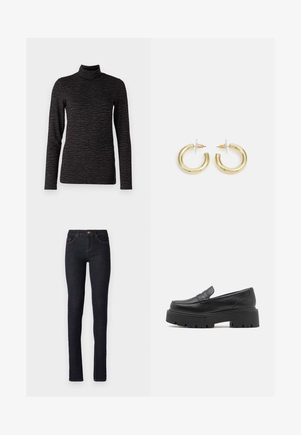Fekete, hosszú ujjú, garbónyakú felső, textúrált zebra csíkos mintával. Puha anyag, testhezálló fazon és magas nyak kialakítással.; Sötétkék farmernadrág, slim fit fazonnal, magas derékkal, öt zsebbél, narancssárga varrással a varratok mentén.; Fekete bőr loafer-ek alacsony, vaskos gumitalpakkal, varrott díszítéssel a felső részen és sima felülettel.; Arany fülbevalók sima, fényes felülettel. Kör alakú dizájn, amely kis kapoccsal és átlátszó tartozékkal rendelkezik a biztonságos viselés érdekében.