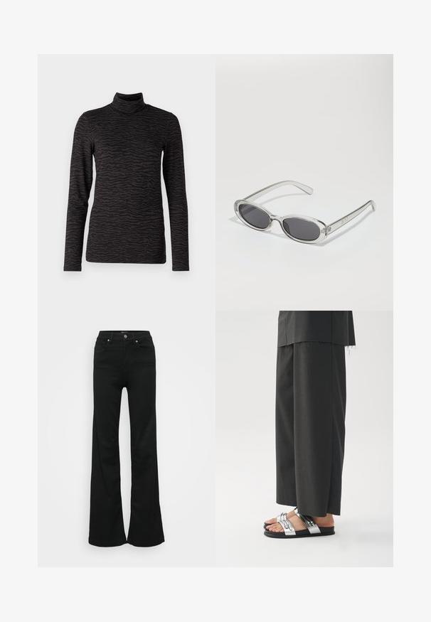 Zwart turtleneck langslab top met een textuurpatroon van zebra-stripes. Zachte stof met een aansluitende pasvorm en een ontwerp met hoge hals.; Zwarte wijde jeans gemaakt van denim, met een hoge taille, vijf zakken en een metalen knoopsluiting. Gladde textuur met minimale detailing.; Zwarte broeken met een losse fit en onafgewerkte zoom, gecombineerd met platte sandalen met zilveren banden en decoratieve hardware.; Zonnebril met een ovale vorm, helder plastic montuur, donkergrijze glazen en dunne transparante pootjes met logo-accenten en minimale details.