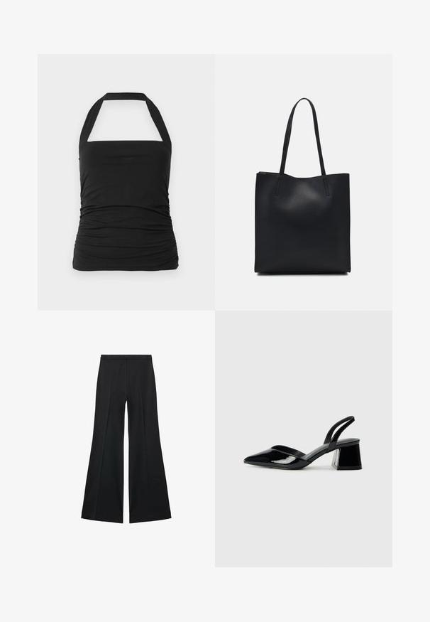 Black halter top with a square neckline, gathered texture at the sides, and wide straps. Made from soft, stretchy fabric.; Black wide-leg pants with a smooth texture, featuring front pleats and a tailored design. The fabric is lightweight and flowy.; Black patent leather slingback heels with a pointed toe and a geometric block heel. Features a sleek, minimal design and smooth texture.; Black leather tote bag with smooth texture, rectangular shape, and two long handles. No visible hardware or embellishments.