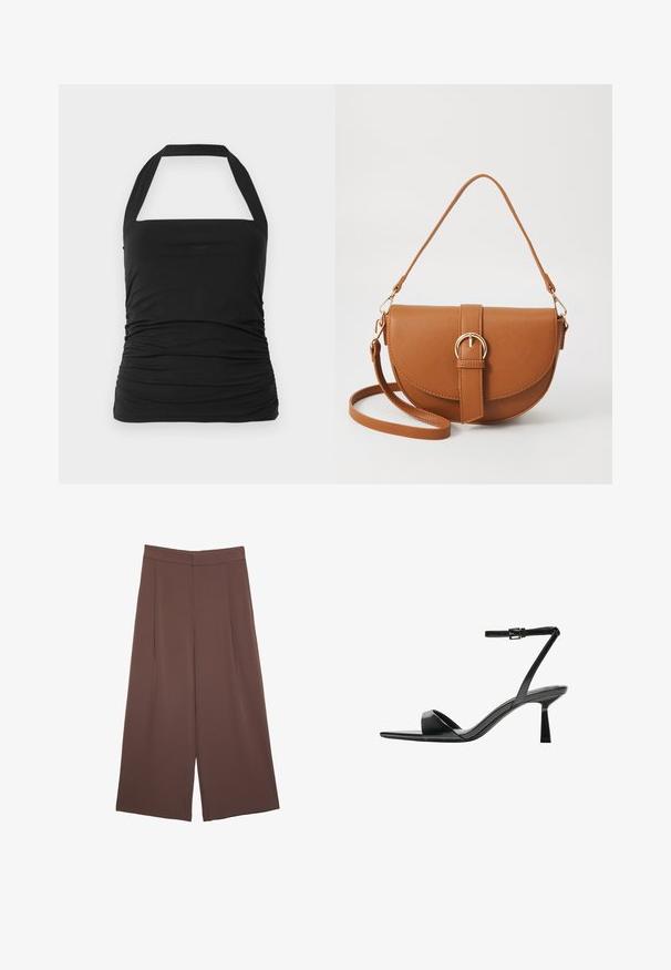 Schwarzes Haltertop mit quadratischem Ausschnitt, gerafftem Textur an den Seiten und breiten Trägern. Aus weichem, dehnbarem Stoff gefertigt.; Braune Weite-Leg-Hosen mit einer glatten Textur, hoher Taille und Vorderfalten. Der Stoff ist leicht und fällt locker.; Bershka High Heel Sandalette - black; Braune Leder-Crossbody-Tasche mit geschwungener Form, goldfarbenen Beschlägen und einer Schnallenakzentuierung. Verfügt über einen abnehmbaren Schultergurt.