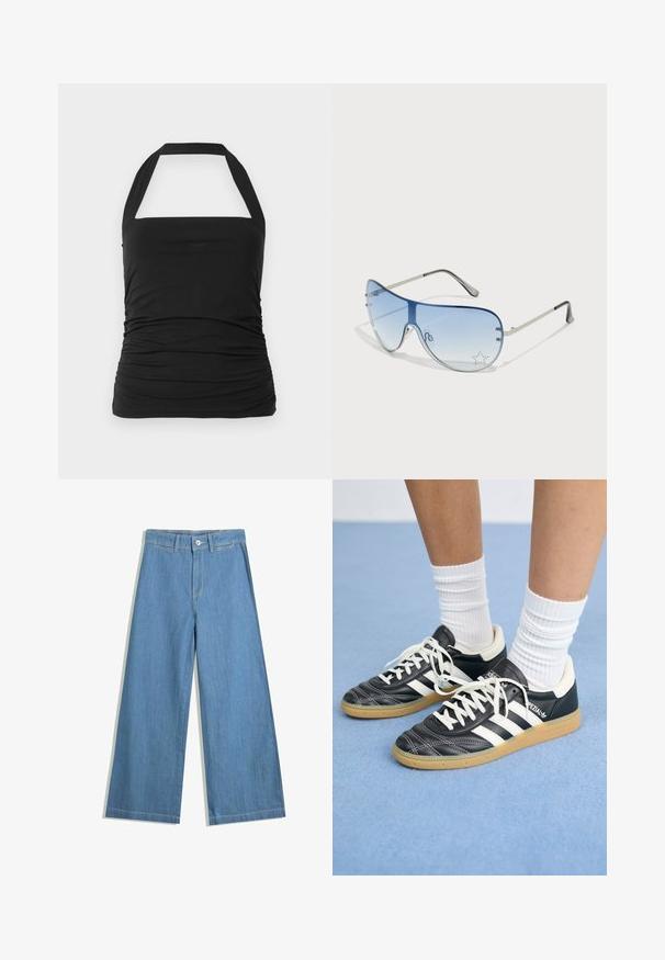 Fekete pánt nélküli top négyzet alakú nyakkivágással, oldalt ráncolt textúrával és széles pántokkal. Puha, rugalmas anyagból készült.; Világoskék, laza szárú farmernadrág, gombos záródással, övpántokkal és diszkrét varrási részletekkel.; Fekete bőr sportcipők fehér csíkokkal, kerek orral, fehér fűzővel és gumírozott talppal. Párnázott bokarész és márkajelzések emelik ki.; Pilóta napszemüveg, melynek áttetsző kék lencséje, ezüst fém kerete és díszes csillag díszítések találhatók a lencsén. Simogató és elegáns dizájn.