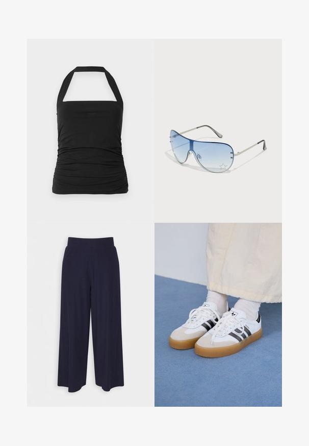 Crna halter top s kvadratnim izrezom, nabrana tekstura sa strane i široke naramenice. Izrađena od mekanog, rastezljivog materijala.; Hlače širokih nogavica od tamnoplavog materijala s reljefnom teksturom. Imaju glatki pojas i lepršavi siluet, dosežu do sredine potkoljenice.; Bjele tenisice s crnim prugama i bež suknjom. Imaju teksturiranu gumu potplat i ravne bijele vezice, nošene uz svijetle čarape.; Naočale tipa avijatičar s gradijentnim plavim staklima, okvirom od srebrnog metala i dekorativnim zvjezdastim naglascima na staklima. Glatki i elegantni dizajn.