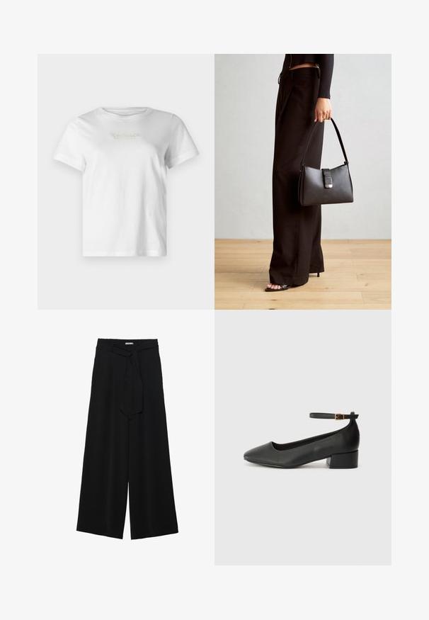 Valge puuvillane T-särk lühikeste varrukatega, mille esiküljel on tekstuuriga kuld- ja hall brändi logo. Klassikaline ümar kaelus, mugav lõige.; Mustad laiad püksid, millel on tekstureeritud kangas, elastne vöökoht ja eemaldatav pael vööst, et reguleerida sobivust.; Must mustaapp, millel on terav nina ja madal blokk-kand. Omab pahkluu rihma koos kuldse tooni pandlaga. Sile tekstuur.; Must musta kott, millel on struktureeritud kuju, sile tekstuur ja metallist klamber. Kombineeritud laiate mustade pükstega ja avatud varvaste sandaalidega puidust põrandal.