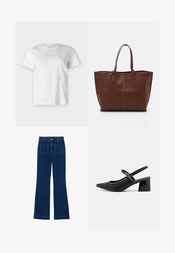 Valkoinen puuvillapaita lyhyillä hihoilla, jossa on edessä teksturoitu kultainen ja harmaa brändilogo. Klassinen pyöreä pääntie, rento istuvuus.; Tummansiniset farkuista valmistetut leveälahkeiset housut, joissa on sileä pinta, viisi taskua ja napillinen kiinnitys vyötäröllä.; Musta lakattu nahka slingback-korkokengät, joissa on terävä kärki, pyöreä aukko-muotoilu ja lohkokorko. Varustettu kultasävyisellä solkiyksityiskohdalla.; Ruskea nahkainen olkitasku, jossa on kaksinkertaiset kahvat, erottuva ommel ja tilava muotoilu, sopii jokapäiväiseen käyttöön.