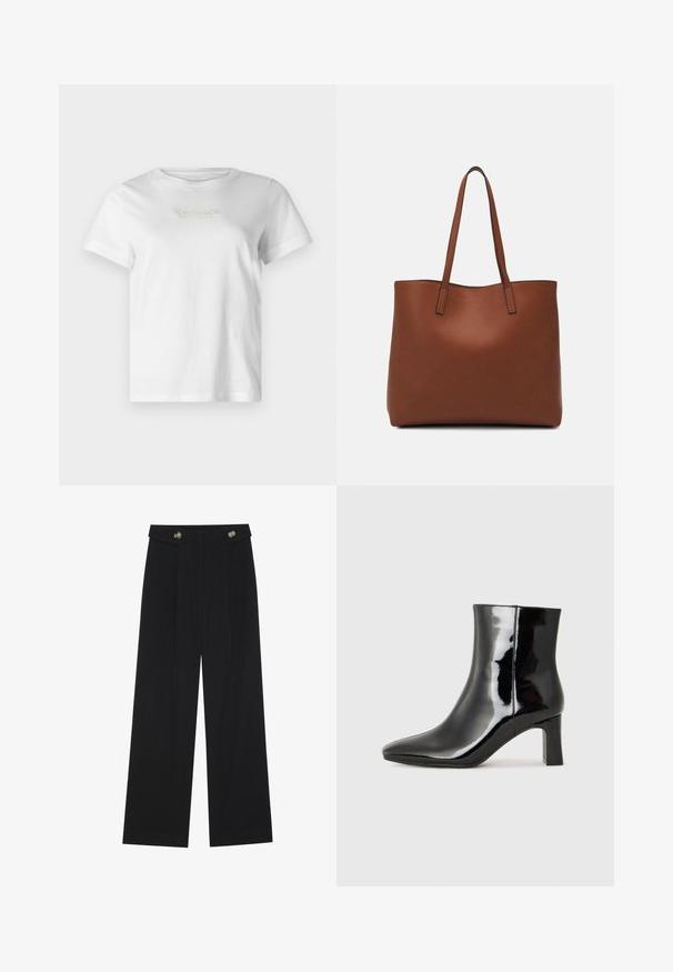 White cotton T-shirt with short sleeves, featuring a textured gold and gray brand logo on the front. Classic crew neckline, casual fit.; Black wide-leg trousers with high waist, button details on waistband, and front pleats.; Black patent leather ankle boot with a pointed toe and a mid-height block heel. Smooth texture and minimalist design.; Brown leather tote bag with a smooth texture, open top design, and two shoulder straps. Features minimal stitching and no visible hardware.