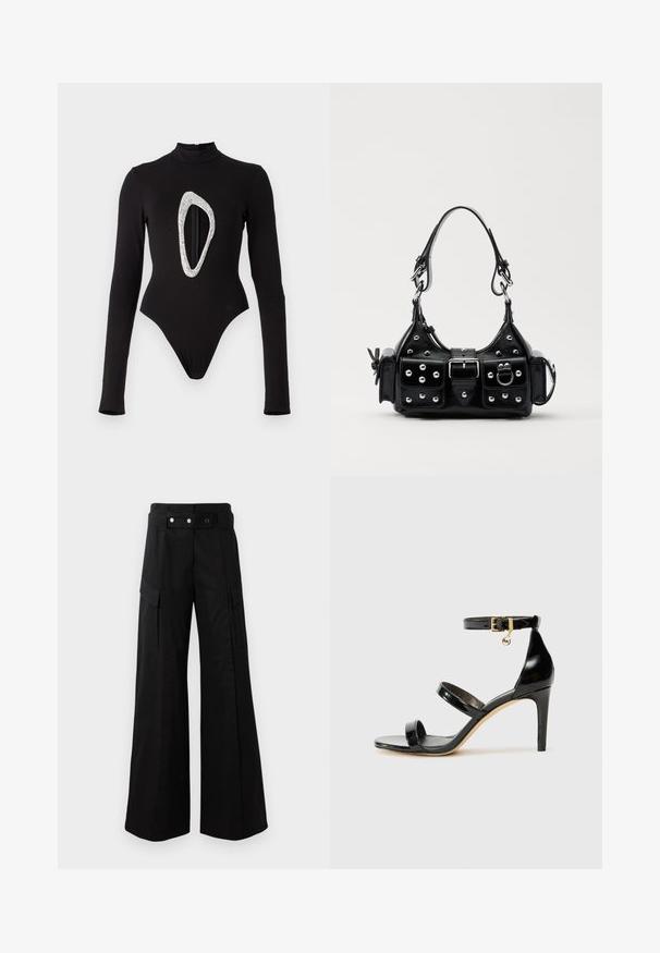 Černý dlouhý rukáv bodysuit s vysokým límcem, přední část má velký třpytivý oválný výřez. Hladká látka s vysokým vykrojením nohavic.; Černé kalhoty s širokými nohavicemi a vysokým pasem, které mají velké boční kapsy, dva přední knoflíky a detail v podobě poutka. Vyrobeno z pevné látky.; Černé lakované kožené sandály se třemi pásky, sponou na kotníku a 10 cm jehlovým podpatkem. Obsahují zlaté kovové detaily a logo přívěsek.; Černá kožená kabelka s křivkovým designem, zdobená stříbrnými hřebíky, s přezkou a dvěma bočními kapsami. Nastavitelný popruh pro různé možnosti nošení.