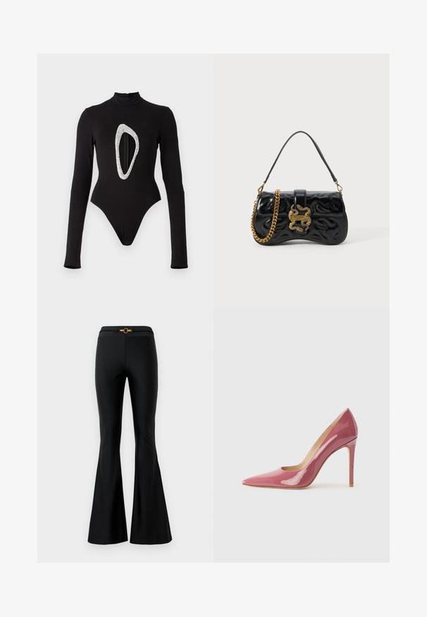 Fekete, hosszú ujjú body, álcázott nyakkal, elöl egy nagy, csillogó ovális kivágással. Simaságot biztosító anyag, magas szabású lábakkal.; Fekete, széles szárú nadrág sima textúrával, amely illeszkedő derekú és elöl arany kör alakú díszítéssel rendelkezik. Rugalmas anyagból készült.; Rózsaszín, lakkbőr, magassarkú pumpa hegyes orral és elegáns szilhuettel, bemetszéssel és tűsarkú talppal.; Fekete műbőr kézitáska, dombornyomott hullámmintával, arany színű láncszíjjal és dekoratív, kígyó alakú kapoccsal, amely logó részleteket tartalmaz.