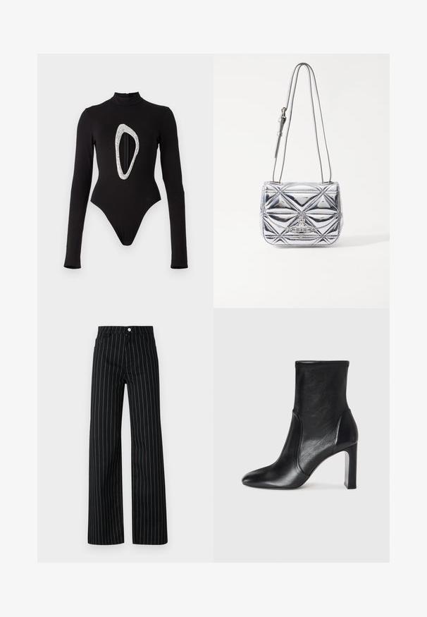 Black long-sleeve bodysuit with a mock neck, featuring a large, sparkly oval cutout at the front. Smooth fabric with high-cut legs.; Black wide-leg trousers with vertical blue pinstripes, featuring a classic five-pocket design and a front button closure.; Black leather ankle boot with a sleek design, pointed toe, and a high block heel. Features smooth texture and minimalistic stitching detail.; Metallic silver crossbody bag featuring geometric quilted design, flat flap, and adjustable strap with silver hardware accents.