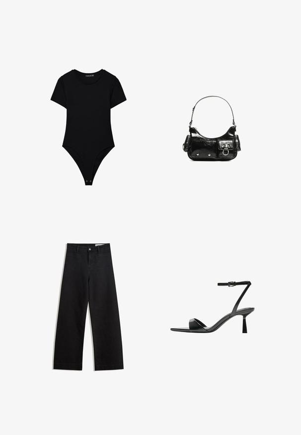 Czarny bodysuit z krótkim rękawem wykonany z prążkowanej tkaniny. Posiada okrągły dekolt, nogawki o wysokim cięciu oraz zapięcia na zatrzaski u dołu.; Czarne dżinsowe spodnie o szerokich nogawkach i wysokim stanie, z przednimi i tylnymi kieszeniami, przeszyciami oraz zapięciem na guziki. Gładka struktura.; Bershka - Sandały na obcasie; Czarna torebka z lakierowanej skóry o zaokrąglonym kształcie, z jednym paskiem na ramię, przednimi kieszeniami i akcentami w kolorze srebrnym.