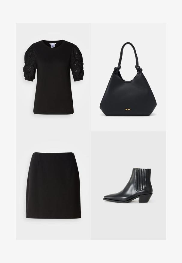 Černé tričko s krátkým rukávem, s hladkým tělem a strukturovanými krajkovými balónovými rukávy, kulatým výstřihem a klasickým střihem.; Černý saténový top s halter krkem, s nabíranou látkou u výstřihu a hladkým, splývavým designem. Rovný lem bez viditelných vzorů nebo akcentů.; Černá sukně s přiléhavým siluetou, vyrobená z hladkého materiálu. Obsahuje jemné přední sklady a má délku do středu stehen.; Černá kožená kotníková bota s špičatou špičkou, elastickými bočními panely s vertikálními drážkami a nízkým blokovým podpatkem. Hladká textura a elegantní design.; Černá kožená tote taška s texturovaným povrchem, s uzlíkovými detaily na uchu a zlatým logem na spodní části. Disponuje uvolněným siluetou.
