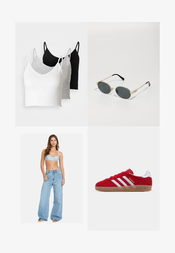 Even&Odd 3 PACK - Top - black/white/grey; Svetlomodrý bralet s kvetinovým vzorom v kombinácii s voľnými svetlomodrými džínsami. Pohodlný strih s uvoľnenou siluetou a klasickým zapínaním na gombík.; Červené semišové tenisky s bielym trojpruhovým dizajnom a zlatým nápisom "Gazelle". Majú gumovú podrážku a štruktúrovaný opätok.; Zlaté kovové slnečné okuliare s oválnymi šošovkami a tmavými tónovanými sklami. Čierne acetátové konce na ramenách. Názov značky "QUAY" na boku.