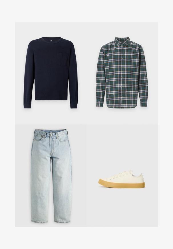 T-paita, pitkähiha, laivaston sininen, puuvillasta valmistettu, jossa on pyöreä kaula-aukko ja pieni rintatasku vasemmalla puolella. Tasainen pinta.; Vihreä flanellisydän, jossa on ruutukuvio, jossa on siniset, valkoiset ja sinapinkeltaiset viivat. Napitettu etuosa ja terävä kaulus. Pitkät hihat.; Vaaleansiniset farkut suoran lahkeen leikkauksella, joissa on viisi taskua ja napitettava etusulku; sisältää haalistuneita alueita ja hillittyjä ompeluyksityiskohtia.; Kankava sneakers vaaleassa valkoisessa, pyöreällä varvalla, jossa on beiget kumipohjat ja viisi reikää nauhoille, teksturoitu pinta ylemmässä osassa.