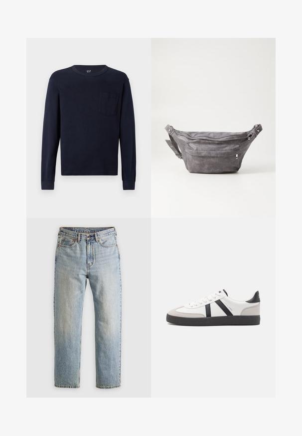 Tengerészeti hosszú ujjú póló pamutból, lekerekített nyakkivágással és egy kis mellzsebbel a bal oldalon. Simaság jellemzi.; Világoskék farmernadrág magas derékkal, elülső gombbal, cipzárral és öt zsebbel, sima háttérre fektetve.; Fehér sneaker fekete és szürke részletekkel, textúrált szürke orr résszel, fekete gumitalppal és lapos fehér fűzőkkel. Tiszta dizájn, minimalista stílus.; Szürke velúr övtáska kerek formával, két cipzáras rekesszel és állítható pánttal. Fém dekorációval rendelkezik.