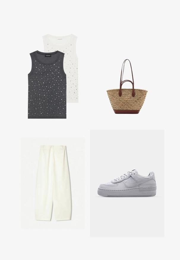Two sleeveless tops: one dark gray with a ribbed texture and silver embellishments, the other white with scattered silver dots.; Wide-leg trousers in a soft cream fabric, featuring a smooth texture, front pockets, and a relaxed fit with a mid-rise waistband.; Gray Nike Air Force 1 sneaker with perforated toe, smooth leather upper, thick sole, and embossed 'AIR' detail on the heel.; Woven straw tote bag with braided texture, dark brown leather handles and base, wide circular shape, and open top design.
