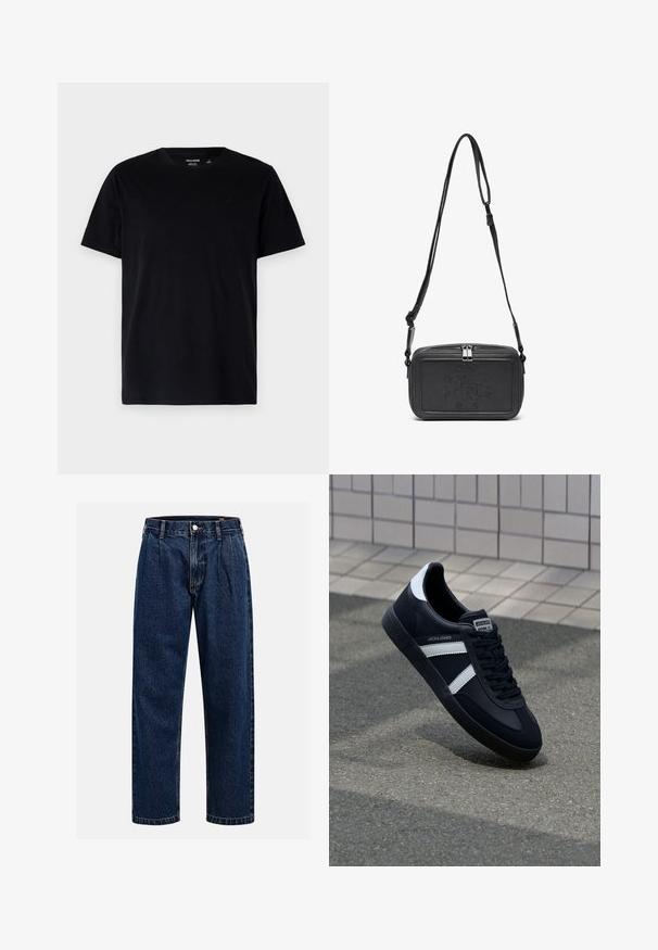 Svart kortermet t-skjorte laget av myk bomull. Har rund hals og en subtil logo på brystet. Jevn tekstur, standard passform.; Mørkeblå denimjeans med rett ben-design. Har synlige sømmer, knappestengning og frontfolder for ekstra detaljer.; Sorte lærersneaker med hvite striper, teksturert gummihæl og snøring foran. Har et merketikett på tungen.; Svart skinn crossover-veske med glidelås, preget logo på fronten og justerbar stropp. Glatt tekstur med rektangulær form.