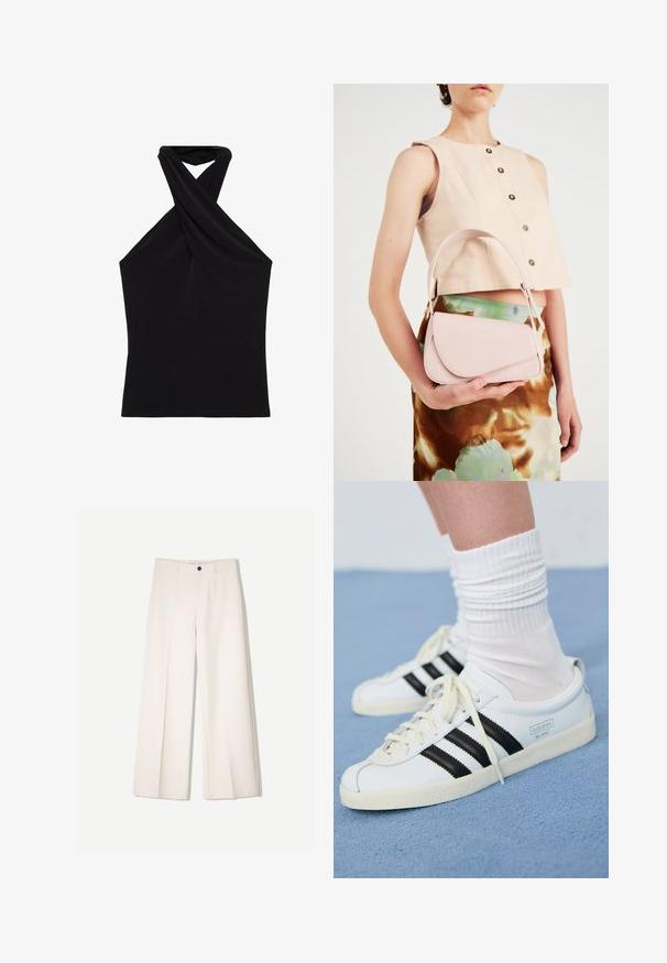 Schwarzes Haltertop aus glattem Stoff, mit einem gedrehten Ausschnittdesign und einer figurnahen Silhouette. Keine Muster oder sichtbare Beschläge.; Cremfarbene weitem Hosen mit maßgeschneidertem Design, ausgestattet mit zwei vorderen Taschen und einem vorderen Knopfverschluss, aus glattem Stoff gefertigt.; Weiße Ledersneaker mit schwarzen Streifen, cremefarbener Sohle und hellen Schnürsenkeln. Getragen mit weißen gerippten Socken, positioniert vor einem blauen Hintergrund.; Rosa Lederhandtasche mit gewölbtem Deckel, einem Schulterriemen und klaren Linien. Die Tasche zeigt eine glatte Textur und ein minimalistisches Design.