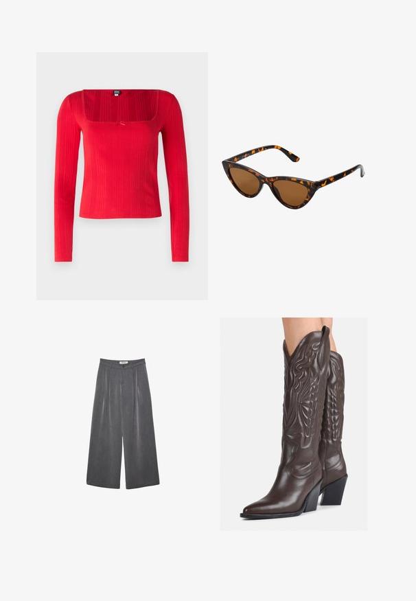 Červený dlhý rukáv top s obdĺžnikovým výstrihom, rebrovanou textúrou a strednou mašľou. Vyrobený z elastického materiálu pre priliehavý strih.; Záhybové nohavice s širokými nohavicami v tmavosivej látke s jemnou štruktúrou. Obsahujú zapínanie na gombík a klasický dizajn pásu.; Hnedé kožené kovbojské topánky s špicatou špičkou a blokovým podrážkou, so zložitým prešívaním a vyvýšenými akcentmi na puzdre.; Mačacie slnečné okuliare s čiernym a oranžovým želvovinovým rámom, hnedými sklami a elegantnými, špicatými koncami. Obsahujú minimalistické logo na spánku.; Malá krémová kabelka s textúrovaným povrchom, dlhým nastaviteľným popruhom, reťazovým detailom a klopovým uzáverom. Zlaté kovové prvky.