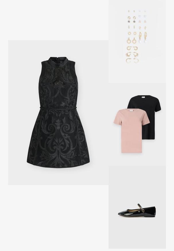 Two round-neck t-shirts: one in light pink and one in black. Short sleeves, solid colors, cotton material, casual fit.; Black sleeveless dress with a high neckline, featuring intricate floral embossed patterns and a fitted waist. Zip closure at the back.; Black patent leather flat shoe with a pointed toe and slim buckle strap on a light gray background.; Silver synthetic leather clutch bag with an envelope design, chain strap, and a tassel detail on one side, featuring angular seams.; Set of gold-tone earrings featuring various designs, including studs, hoops, and dangling pieces with pearls and rhinestones.