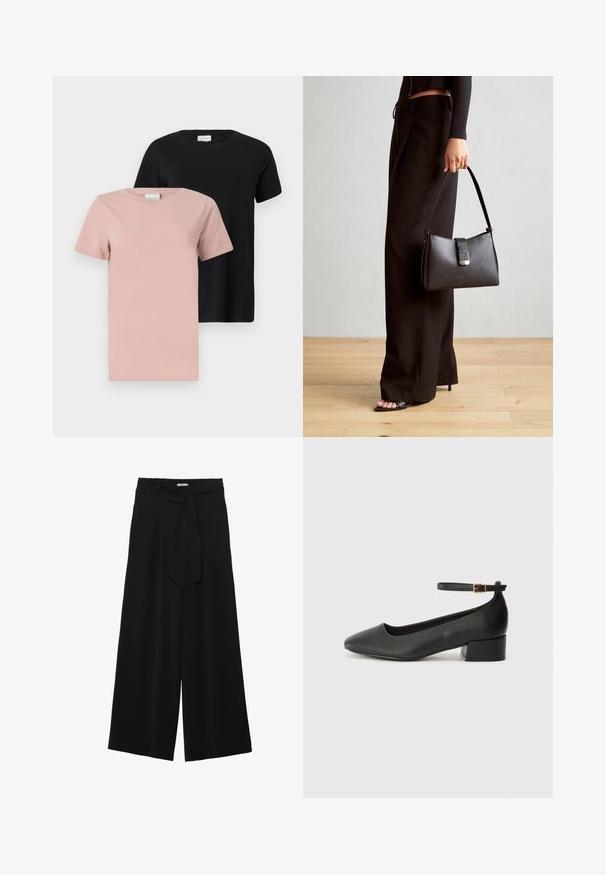 Dvé trička s kulatým výstřihem: jedno ve světle růžové barvě a jedno černé. Krátké rukávy, jednobarevné, bavlněný materiál, volný střih.; Černé kalhoty s širokými nohavicemi, vyrobené z texturované tkaniny, s elastickým pasem a odnímatelným páskem na úpravu velikosti.; Černé kožené lodičky s špičatou špičkou a nízkým blokovým podpatkem. Obsahují pásek kolem kotníku se zlatou sponou. Hladký povrch.; Černá kabelka se strukturovaným tvarem, hladkým povrchem a kovovým uzávěrem. Kombinována s širokými černými kalhotami a sandály s otevřenou špičkou na dřevěné podlaze.