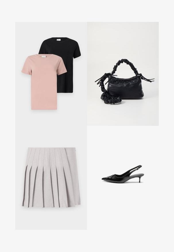 To runde t-skjorter: en i lys rosa og en i svart. Korte ermer, ensfargede, i bomull, avslappet passform.; Grå plissert skjørt med en glatt tekstur, med flere vertikale folder og en figursydd midje. Laget av lett stoff.; Sorte skinnert remsandaler med spiss tå, liten kittenhæl og en dekorativ knute detalj foran. Glatt tekstur gjennom hele.; Svart faux skinn-håndveske med krokodilletekstur, strammet topp og en rynket stropp. Ser myk og kompakt ut i designen.