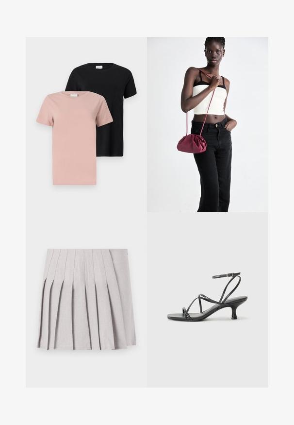 Două tricouri cu guler rotund: unul în roz deschis și unul în negru. Mâneci scurte, culori uni, material din bumbac, croială lejeră.; Fustă plisată gri, cu o textură netedă, având multiple plii verticale și o talie ajustată. Fabricată din material ușor.; Sandale negre cu toc înalt, cu curele subțiri, design cu vârf deschis și un toc mic, evazat. Materialul pare neted și lucios.; Geantă dintr-un material moale de culoare burgundă, cu un design plisat și o curea lungă, purtată pe umăr. Modelul poartă un top alb scurt și blugi negri.
