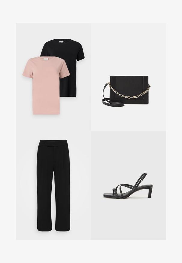 Du šviesiai rožinė ir juoda apvalaus kaklo marškinėliai. Trumpomis rankovėmis, vientisos spalvos, pagaminti iš medvilnės, laisvas siluetas.; Juodos plačios kelnės, pagamintos iš sklandžios medžiagos, turinčios lygią priekinę dalį, diržo kilpas ir nematomus kišenių. Švarus, pritaikytas dizainas.; Juodi šlepetės su kvadratiniu pirštu ir žemu bloku kulnu. Yra keli ploni dirželiai ir reguliuojamas kulkšnies diržas. Pagaminti iš lygios odos.; Juodas odinis per petį nešiojamas krepšys turi lygų paviršių, stačiakampio formą ir metalinę grandinėlę priekyje. Pridedama reguliuojama dirželis.