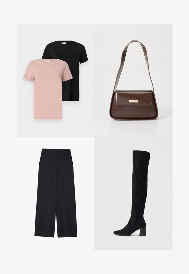 Two round-neck t-shirts: one in light pink and one in black. Short sleeves, solid colors, cotton material, casual fit.; Wide-leg trousers in dark navy fabric, featuring a smooth texture, front pleats, and decorative gold-tone eyelets on the side pockets.; Black suede knee-high boot with block heel, pointed toe, and smooth, seamless design on a plain light background.; Brown leather shoulder bag with a structured shape, featuring a magnetic flap closure and a metallic logo accent on the front.