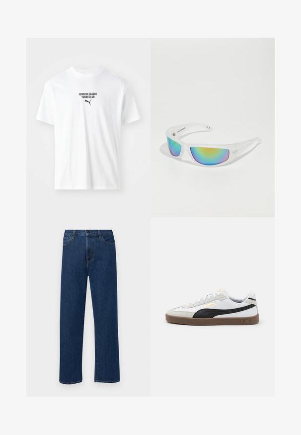 Baltas kokvilnas T-krekls ar tekstu "PORSCHE LEAGUE TURBO CLUB" un melnu Puma logo. Apaļš kakla izgriezums un īsas piedurknes.; Tumši zilas taisnas kājas denim bikses ar priekšējām kabatām un pogu aizdari, izvietotas uz vienkārša baltā fona.; Baltas ādas sporta apavi ar melnu zamšādas akcentu, apaļa purngala forma, plakana brūna gumijas zole un iegravēts zelta logo sānos. Šņorēšanas sistēma un mīkstināta apkakle.; Saulesbrilles ar caurspīdīgu baltu rāmi un atstarojošiem daudzkrāsainiem stikliem. Izceļas ar sportisku dizainu un plūstošu formu.